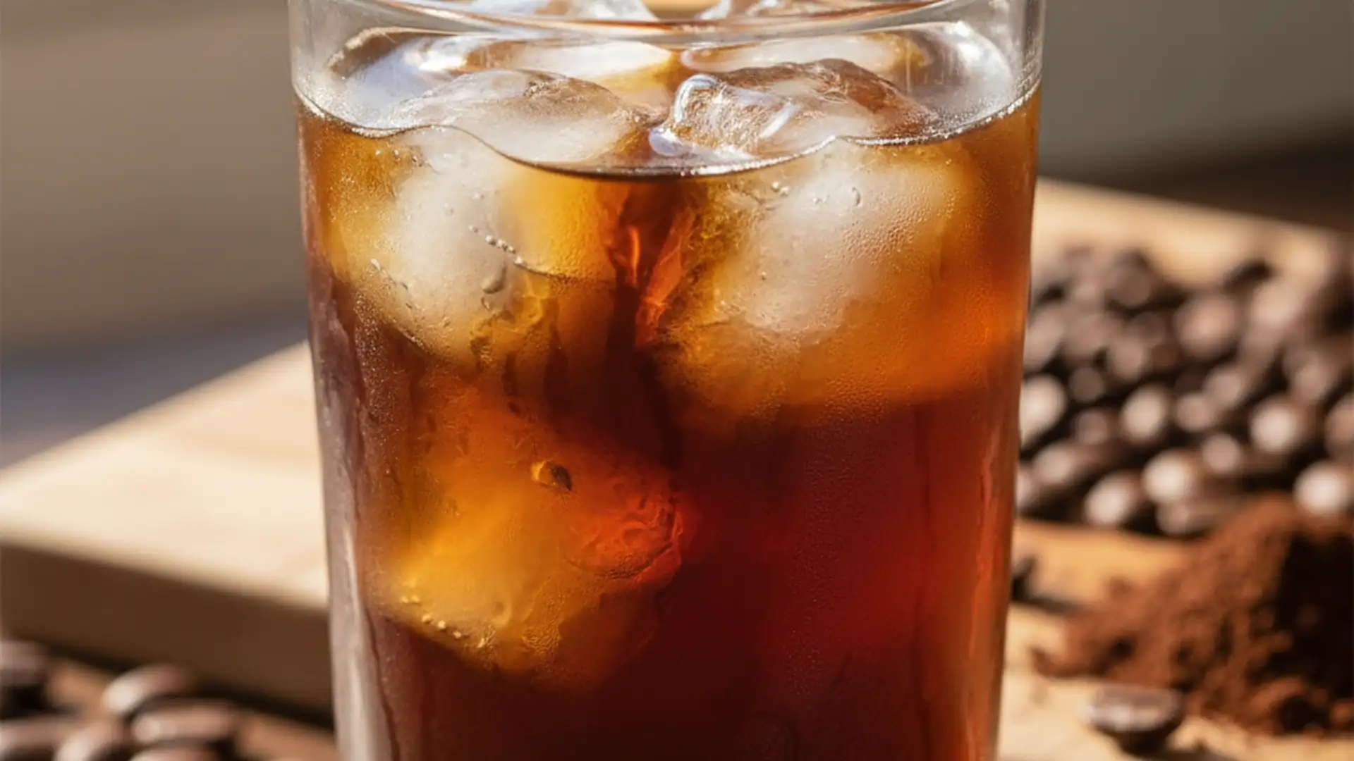 Стакан холодного кофе cold brew с кубиками льда на деревянном столе