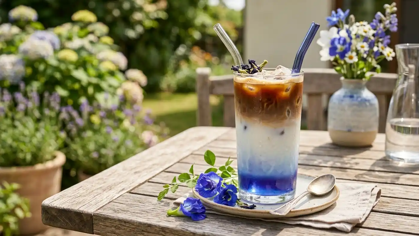 Слоёный синий butterfly pea латте со льдом и цветами