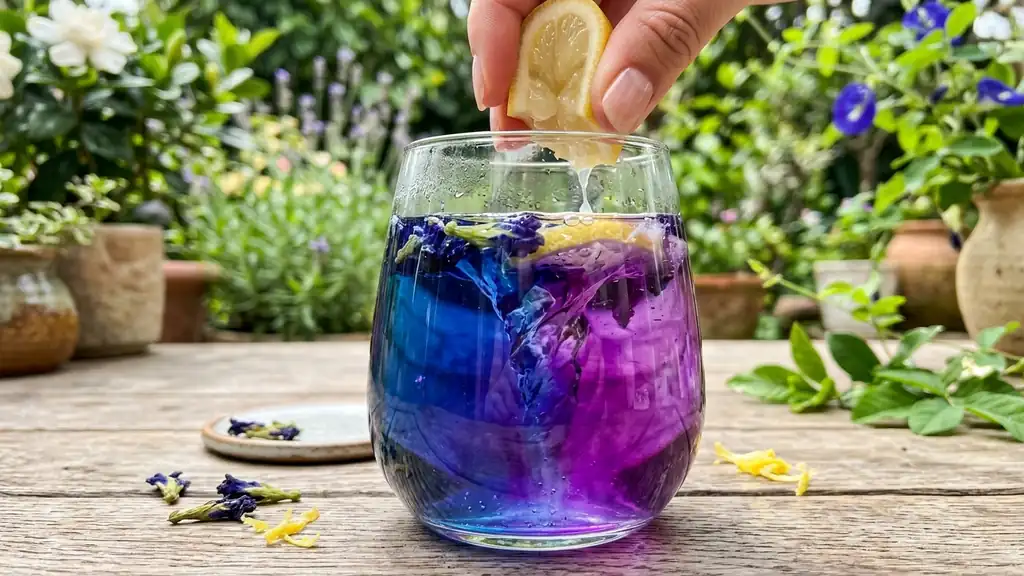 Синий настой butterfly pea меняет цвет от капли лимона